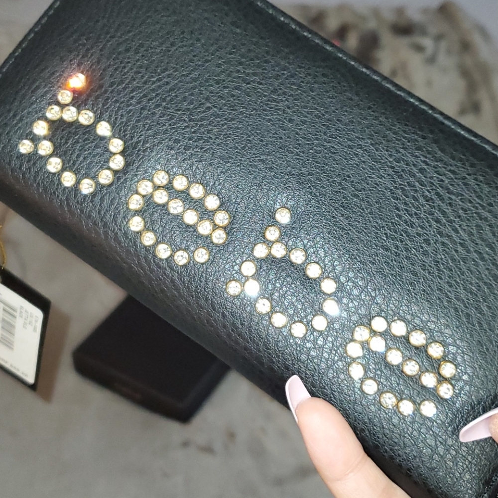 bebe Rhinestone Logo Zip Around Wallet - Black - Picture 5 of 13